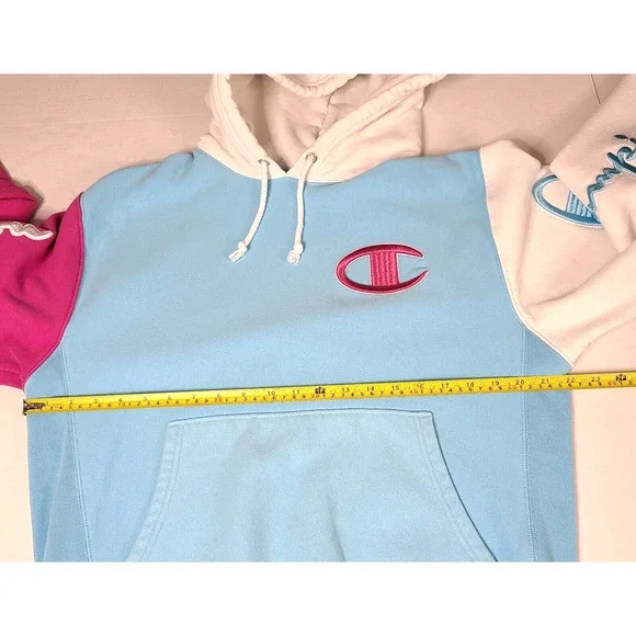 Champion Men Reverse Weave Color Block Hoodie MED Pink Blue White Bold Spell Out - Picture 11 of 12